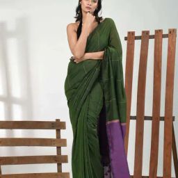 CHARUKRITI Green Cotton Colourblocked Saree With Unstitched Blouse-picture-43