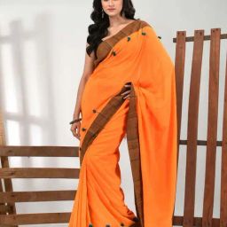 CHARUKRITI Orange Cotton Embroidered Saree With Unstitched Blouse-image-3