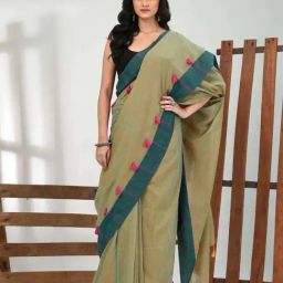 CHARUKRITI Green Cotton Embroidered Saree With Unstitched Blouse-picture-17