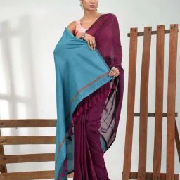 CHARUKRITI Purple Cotton Colourblocked Saree With Unstitched Blouse-image-15