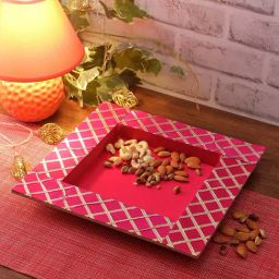 Aapno Rajasthan Pink & Golden Wooden 21 cm Serving Tray - Set of 1-picture-1