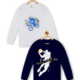 Kiddopanti Kids White & Navy Cotton Printed Full Sleeves T-Shirt (Pack of 2)-picture-13