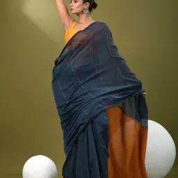CHARUKRITI Blue Cotton Colourblocked Saree With Unstitched Blouse-image-61