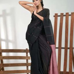 CHARUKRITI Black Cotton Colourblocked Saree With Unstitched Blouse-picture-13