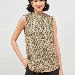 SALT Attire Beige Salient Beige Shirt Geometric Mandarin Collar Shirt-25