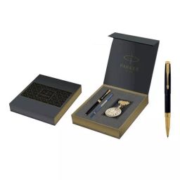 Parker ASTER Lacque Black Gold Plated GT Roller Ball Pen with Pocket Watch (Blue), 8901198155539-16