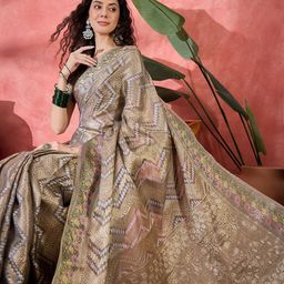 Sangria Geometric Print Woven Design Zari Border Saree With Unstitched Blouse-2