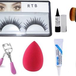 Lenon Set Of 6 False Eyelash- Curler- Kajal- Sponge- Glue & Foundation Brush-18