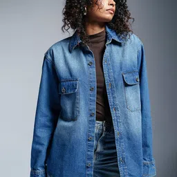 FREAKINS Women Washed Denim Jacket with Embroidered-image-63