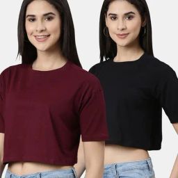 Kryptic Maroon & Black Cotton Relaxed Fit Crop T-Shirt (Pack Of 2)-picture-0