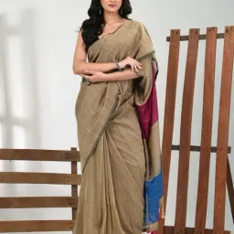 CHARUKRITI Beige Cotton Striped Saree With Unstitched Blouse-image-87