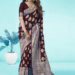 Satrani Brown Woven Saree With Unstitched Blouse-image-50