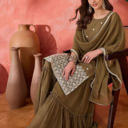Sangria Ethnic Motifs Embroidered Straight Kurta & Sharara With Dupatta-image-10