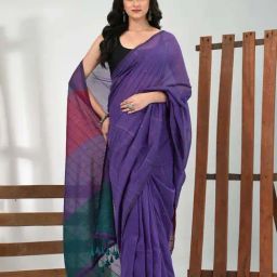 CHARUKRITI Purple Cotton Striped Saree With Unstitched Blouse-picture-23