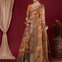 KALINI Peach Linen Blend Printed Sarees-image-56