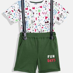 Kidszi Infant Boys Printed Pure Cotton T-shirt With Shorts & Suspenders-image-98
