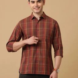 CAVALLO by Linen Club Brown Contemporary Fit Check Shirt-image-84