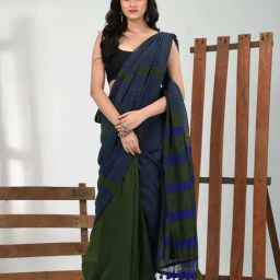 CHARUKRITI Green Cotton Striped Saree With Unstitched Blouse-image-61