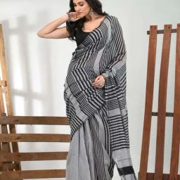 CHARUKRITI Grey Cotton Striped Saree With Unstitched Blouse-picture-29