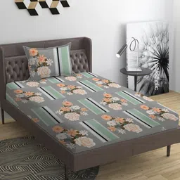 YaAkholic Grey & Orange Floral 210 TC Single Bedsheet with 1 Pillow Covers-image-28