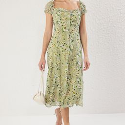 Trendyol Ak Yeil Women Floral Print Puff Sleeve A-Line Midi Dress-image-8