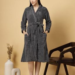 FABINALIV Dark Grey Cotton Bath Robe With Belt-image-6