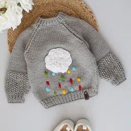 Woonie Full Sleeves Hand Knitted Cloud & Rain Designed  Sweater - Grey-picture-15