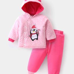 Babyhug Full Sleeves Hooded Winter Wear Suit With Cute Penguin Embroidery - Pink-image-34