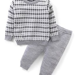 Babyhug Knitted Full Sleeves Pullover Sweater & Pant Set with Aztec Design - Grey-image-88