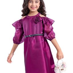 Hola Bonita Woven Three Fourth Cold Shoulder Sleeve Shinny Fabric Knee Length Solid Color Frock-Wine-image-58
