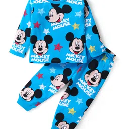 Babyhug Disney Cotton Knit Full Sleeves Night Suit with Mickey Mouse Print - Blue-picture-11