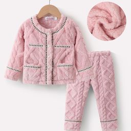 Kookie Kids Full Sleeves Front Open Solid Color Winter Night Suit - Pink-image-60