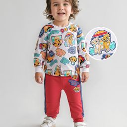 Babyhug Disney Single Jersey Knit Full Sleeves T-Shirt & Joggers Set With Lion King & Badge Detailing - Red & White-image-63