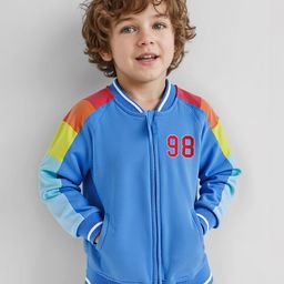 Babyhug Cotton Knit Full Raglan Sleeves Front Open Bomber Jacket with Colour Block Design on Sleeves - Blue-image-60