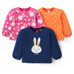 Babyhug Cotton Knit Full Sleeves  Tops with Bunny Floral & Polka Dots Print Pack of 3 - Navy Blue Orange & Pink-image-6