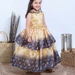 Enfance Sleeveless Floral Printed Checked Party Wear Gown - Fawn-image-50
