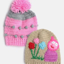 MayRa Knits Pack Of 2 Hand Knitted Floral Crochet Designed & Pom Pom Embellished Caps - Pink & Brown-picture-46