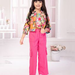 TINY BABY Linen Three Fourth Sleeves Floral Printed Jacket With Top & Solid Pant - Pink-image-16