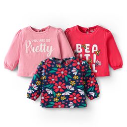 Babyhug Cotton Kit Full Sleeves Tops with Text & Floral Print Pack of 3 - Red Pink & Navy Blue-image-54