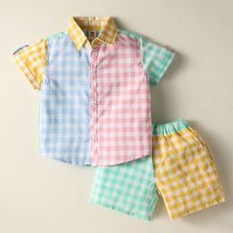 ToffyHouse Cotton Knit Half Sleeves Shirt & Shorts Set with Checks - Yellow & Light Green-image-95