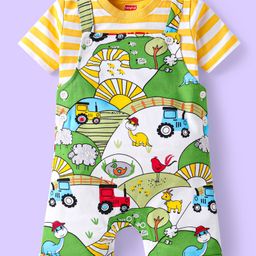 Babyhug Single Jersey Knit Dungaree & Half Sleeves Striped T-Shirt With Farm Print - Green & Yellow-image-99