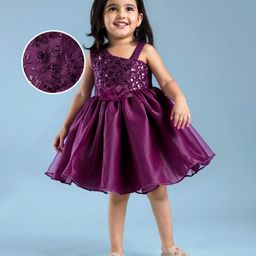 Babyhug Woven Sleeveless One Shoulder Party Dress With Sequin & Floral Embroidery & Applique - Wine-image-43