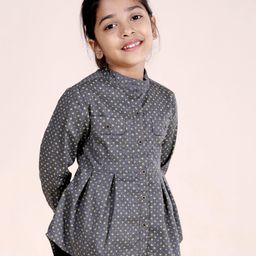Kiddopanti Cotton Full Sleeves Floral Printed & Pleated Top - Grey-image-9