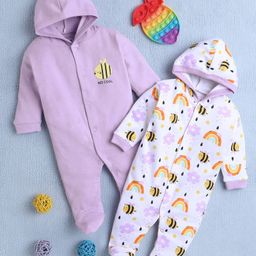 BUMZEE Cotton Knit Full Sleeves Bee & Rainbow Printed Footed Sleep Suits Pack of 2 - Lavender & White-image-5