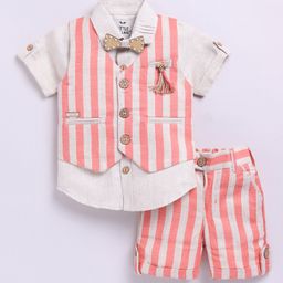 LITTLE COLLARS Cotton Blend Half Sleeves Solid Shirt & Striped Shorts With Waistcoat & Bow Set - Tomato-image-37