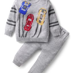 Babyhug Knitted Full Sleeves Sweater Set with Car Design - Light Grey-image-47