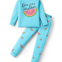 Unicorns Cotton Woven Full Sleeves Watermelon Printed Coordinating Night Suit Set - Blue & Pink-image-90