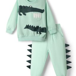 Mark & Mia Cotton Knit Full Sleeves Winter Wear T-Shirt & Lounge Pant Set With Crocodile Print & Applique - Sea Green-image-77
