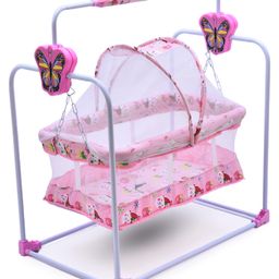 BUBBLEBABY Premium Butterfly Cradle With Mosquito Net Wheels - Pink-22
