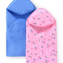 Kookie Kids Interlock Knit Hooded Towels With Floral & Polka Dot Print Pack of 2 - Pink & Blue-image-6